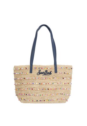 Borsa a tracolla in paglia intrecciata con strisce colorate di perline, manici blu navy e logo ricamato "Santa Barbra" sul davanti.