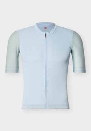 Lyseblå sykkeltrøye med korte ermer, frontglidelås og subtil logo på kragen.