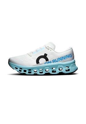 White running shoe with light blue sole featuring large ventilation holes and black and blue "ON RUNNING" branding on the side.