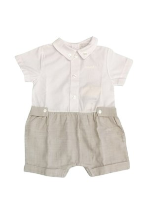 Tutina per neonato a maniche corte con top bianco a bottone e colletto e parte inferiore beige testurizzata con patte laterali con bottoni.