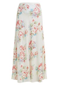 Gonna floreale in tessuto crema, decorata con grandi rose rosse e piccoli fiori blu. Design svasato e fluido con vita elastica per il massimo comfort.