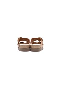 Sandali in pelle marrone con cinturini regolabili e una suola imbottita e comoda. La suola in sughero offre una texture naturale. Design minimalista.