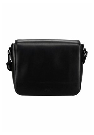 Sac bandoulière en cuir noir avec fermeture à rabat et sangle d'épaule réglable, texture lisse, design minimaliste.