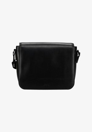 Sac bandoulière en cuir noir avec fermeture à rabat et sangle d'épaule réglable, texture lisse, design minimaliste.