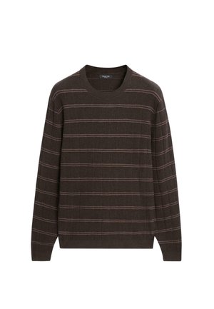 Maglione girocollo marrone scuro con sottili strisce orizzontali rosa e maniche lunghe, realizzato in tessuto a maglia costina.