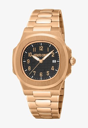 Rosaguldfarvet metalarmbåndsur med sort tekstureret urskive, gyldne tal, datovisning kl. 3 og tre visere, der viser 10:09:36.