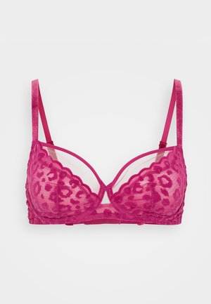Fuchsia lace bra with leopard print, sheer panels, and scalloped edges. Adjustable straps and a structured underwire design.