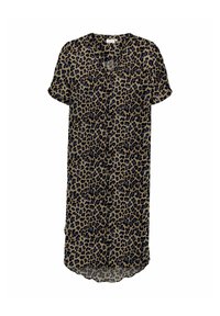 Abito con stampa leopardata in tonalità beige e nera, caratterizzato da maniche corte, scollatura a v e orlo arrotondato. Il tessuto sembra leggero e fluido.
