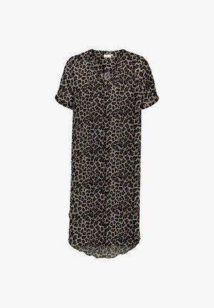 Lapsu drēbes ar leopardu rakstu brūnā un melnā krāsā, ar īsām piedurknēm, V-veida kakla izgriezumu un noapaļu apakšu. Audums izskatās viegls un plūstošs.