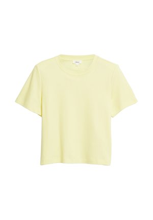 Miękki żółty krótki t-shirt z krótkim rękawem, okrągłym dekoltem i gładką teksturą tkaniny.