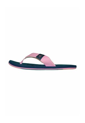 Flat navy blue and pink flip-flop sandal with a pink strap and a small black logo patch on a white background.