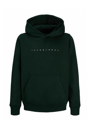 Sweat à capuche vert foncé avec une poche avant et le texte "JACK & JONES" imprimé en lettres blanches sur la poitrine.