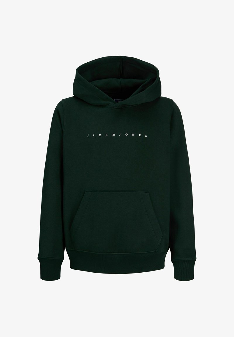 Sweat à capuche vert foncé avec une poche avant et le texte "JACK & JONES" imprimé en lettres blanches sur la poitrine.