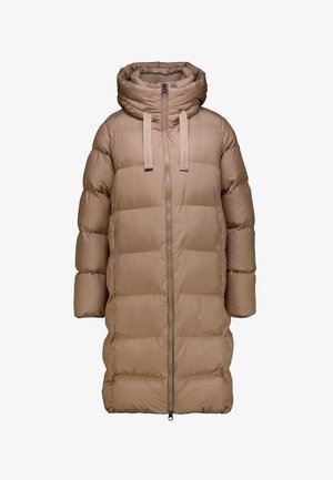 Bruine, puffy winterjas met hoge kraag, ritssluiting en trekkoordcapuchon. Beschikt over verticale gestikte secties en elastische manchetten.