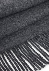 Écharpe en laine gris foncé avec une finition texturée et des franges tressées le long des bords. Matériau doux et chaud.
