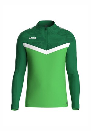 Langarm sportpullover in felgroen met een gestructureerd ontwerp, witte chevrondetails en een kwart-rits kraag. JAKO-logo op de borst.