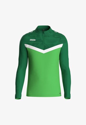 Langärmliger sportlicher Pullover in leuchtendem Grün mit strukturiertem Design, weißen Chevron-Details und einem Viertel-Reißverschluss-Kragen. JAKO-Logo auf der Brust.