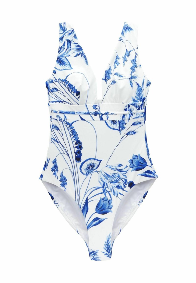 Eénstuk zwempak met een witte basis, voorzien van een blauw bloemenpatroon. Diepe V-hals ontwerp, brede bandjes en een aansluitende pasvorm.