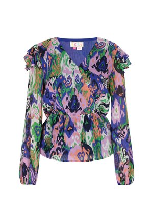 Multicolored blouse met een wikkelontwerp, lange mouwen met ruffle-accenten en een peplumtaille, die ingewikkelde patronen in groen, blauw en roze toont.
