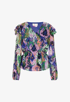 Multicolored blouse met een wikkelontwerp, lange mouwen met ruffle-accenten en een peplumtaille, die ingewikkelde patronen in groen, blauw en roze toont.