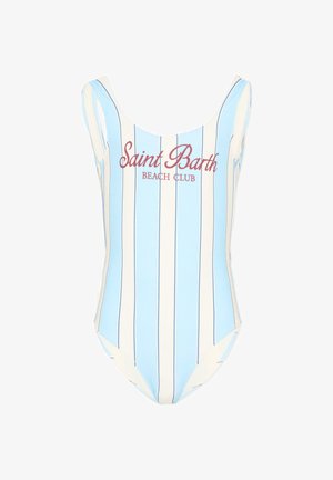 Costume intero con strisce verticali blu e bianche e testo rosso "Saint Barth Beach Club" sul davanti.