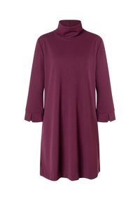 Robe mauve avec un col montant haut et des manches trois-quarts. Tissu doux avec une silhouette trapèze ample et des accents de manches plissées.