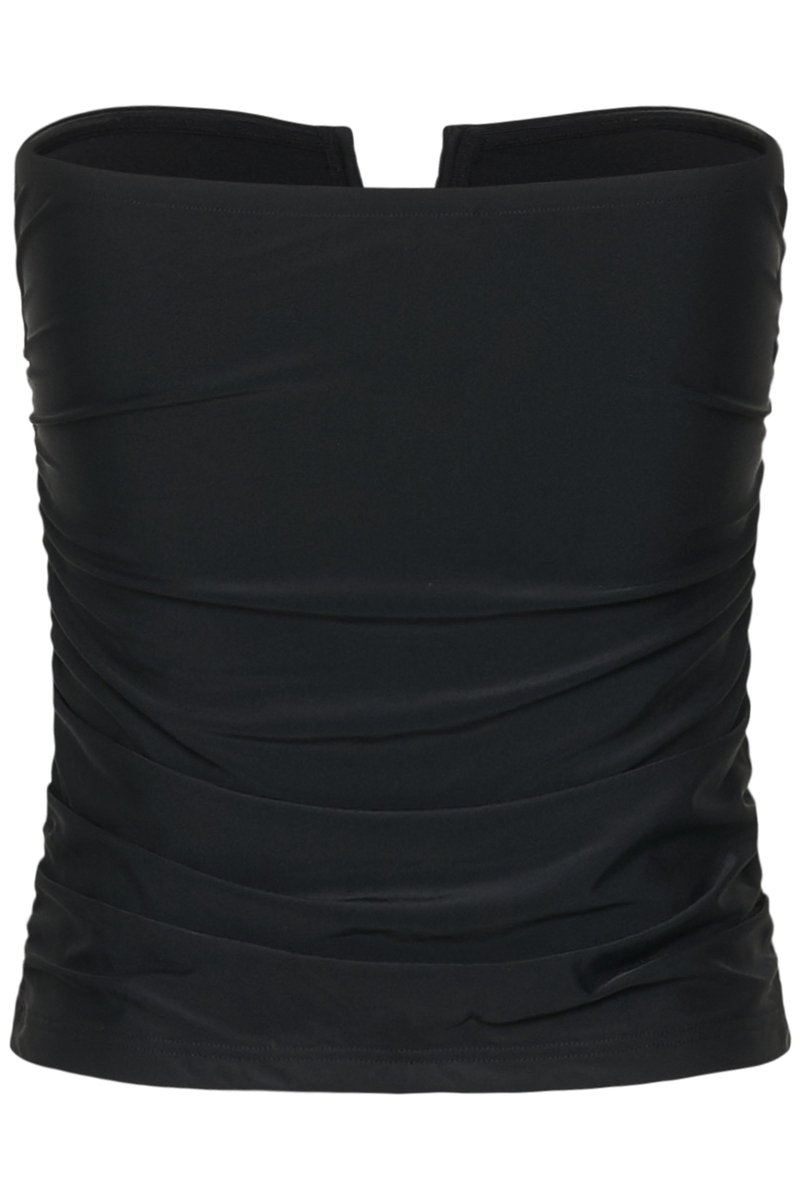 Schwarzes trägerloses Tubetop mit leichter Raffung und einem geteilten Schlitz in der Mitte des oberen Randes.