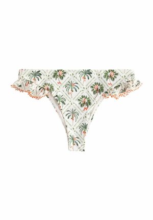 Pantaloni de baie albi, cu un model de palmier și flori, margini volăndă și accente de pom-pom portocalii. Fabricat dintr-un material elastic pentru costume de baie.