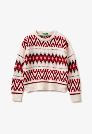 Sweter w kolorze kremowym z czerwono-czarnym geometrycznym wzorem, okrągłym dekoltem oraz ściągaczami przy mankietach i dolnym brzegu. Miękki, teksturowany materiał z dzianiny.