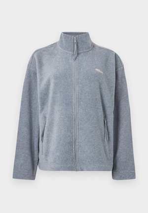 Veste en polaire gris clair avec un col haut, une fermeture éclair à l'avant et deux poches latérales zippées, arborant un logo discret sur la poitrine.
