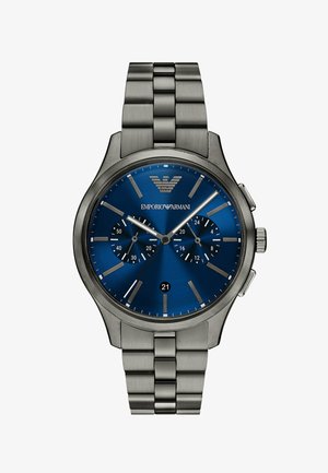 Elegante Armbanduhr aus Edelstahl mit blauem Zifferblatt, zwei Hilfszifferblättern für Sekunden und 24-Stunden-Anzeige, silberfarbenen Zeigern und Datumsfenster bei 6 Uhr.