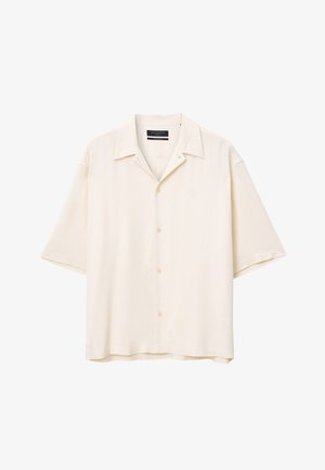 Camicia a maniche corte con bottoni color crema, realizzata in tessuto morbido. Presenta un ricamo del logo discreto, colletto a punta e vestibilità rilassata.