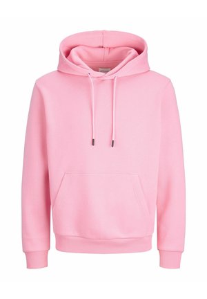 Sweat à capuche rose en tissu doux, avec une poche kangourou, un cordon de serrage ajustable, des poignets et un ourlet côtelés, avec une coupe décontractée.