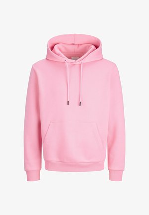 Sweat à capuche rose en tissu doux, avec une poche kangourou, un cordon de serrage ajustable, des poignets et un ourlet côtelés, avec une coupe décontractée.