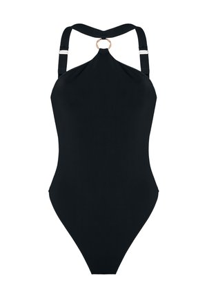 Black one-piece swimsuit with halter neck strap, adjustable side straps, and a metal ring detail at the neckline.
