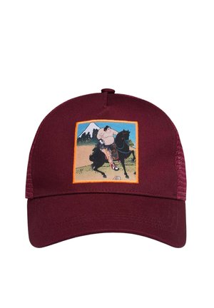 Casquette de baseball marron avec un patch montrant un lutteur de sumo chevauchant un cheval noir devant une montagne et des arbres.