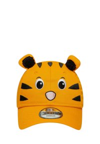 Oranges Baumwoll-Baseballcap für Kleinkinder mit einem Tigerkopfdesign, das gestickte Augen, Nase und Ohren sowie schwarze Streifenakzente aufweist.