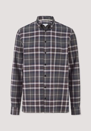 Langarmhemd mit blau-weiß-beigem Karomuster, ausgestattet mit einem Button-Down-Kragen und geknöpften Manschetten.