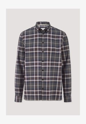 Langsleeve knoopshirt met een blauw, wit en beige geruit patroon, voorzien van een button-down kraag en knoopmanchetten.