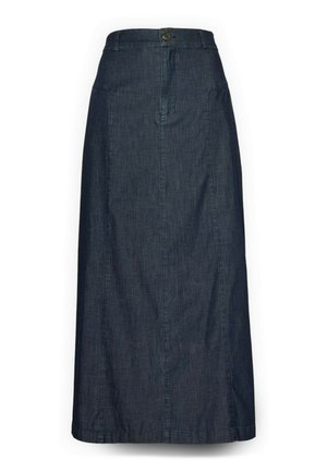 Gonna di jeans blu scuro, a vita alta, lunghezza alla caviglia, con tasche frontali, passanti per cintura e chiusura con bottoni.