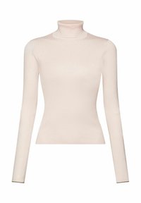 Suéter de cuello alto de color rosa claro, con un diseño ajustado y mangas largas. Textura suave y acabado sin costuras en los puños y el dobladillo.