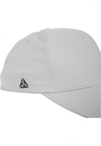 Gray cap with a rounded shape, smooth texture, and flat brim. Features a small black logo on the side and stitched detailing.