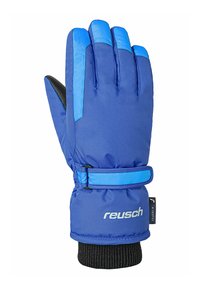 Blå vinterhandske med ett solidt blått ytterlager, svart texturerad handflata, justerbart blått rem och ribbad svart mudd för en tät passform.