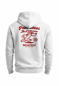 Weißer Kapuzenpullover mit rotem Motiv eines laufenden Hundes, der ein Surfbrett trägt, mit dem Text "Palm Locos", "Wave Lovers Club" und "Neverless catch me at the beach."
