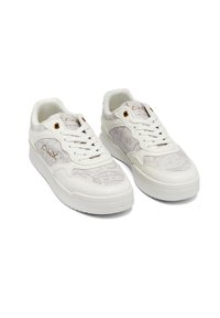 White sneakers featuring a smooth finish, lace closure, subtle embossed patterns, and gold-tone eyelets on a rounded toe design.