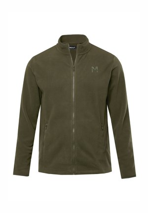 Fleecejacke in olivgrün, mit hohem Kragen, durchgehendem Reißverschluss, zwei seitlichen Taschen und einem dezenten Logo auf der linken Brust. Weicher Stoff.
