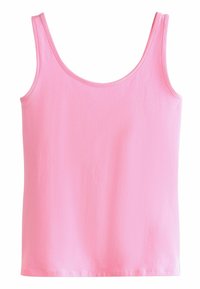 Rožinė tank top marškinėliai, pagaminti iš minkštos medvilnės, su apvaliu kaklu, plataus kirpimo petnešomis ir tiesių kraštų, be jokių raštų ar puošmenų.