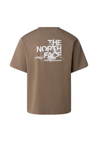 Ruskea lyhythihainen T-paita, jossa on valkoinen "THE NORTH FACE" -teksti ja vuoristoviivataidetta selässä, mukaan lukien "Älä koskaan lopeta tutkimista" -slogan.