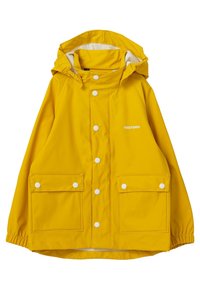 Gelbe wasserfeste Regenjacke mit Kapuze, zwei Fronttaschen mit Druckknopfverschlüssen und einem weißen Logo auf der Brust. Glatte Textur.
