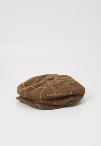 Brown wool beret with a soft texture, featuring a stitched plaid pattern and a rounded top with a central button. Two-layer design.